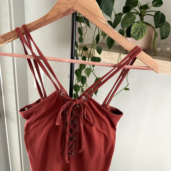 Oboe Rust Lace Up Maxi Dress Size L Women’s Strappy Bodycon Boho Sexy - Picture 3 of 8